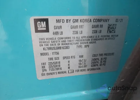 2021 Chevrolet Trailblazer Awd Rs из США, поврежденный, VIN KL79MUSL6MB163303